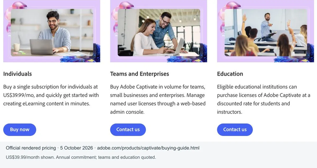 Adobe's Captivate buying guide showing the Individuals, Teams and Enterprises, and Education cards, captured 5 October 2026