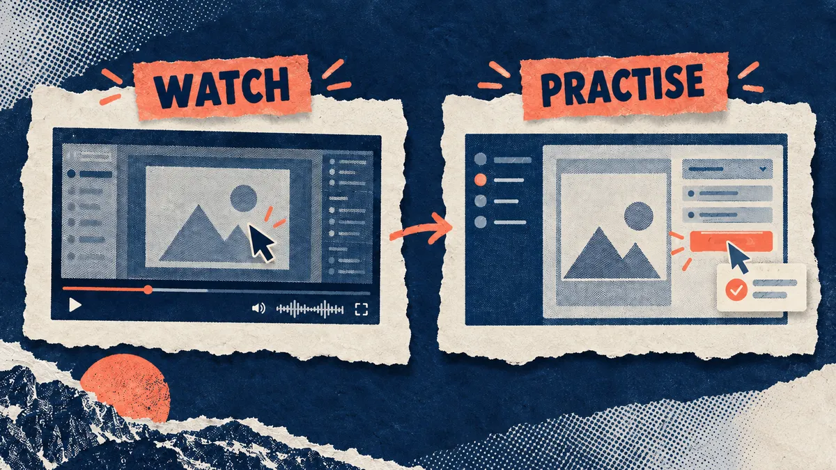 A narrated screen recording of a software task beside an interactive click-through simulation of the same task