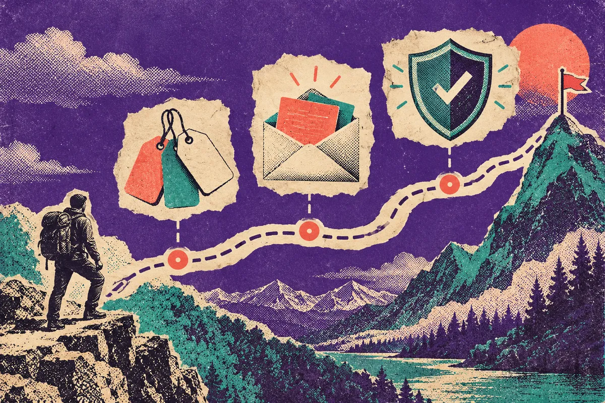 A paper roadmap path with three milestones: version tags, a proposal envelope and a shield