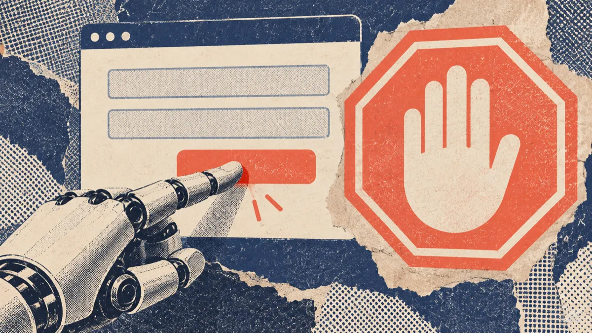 Riso collage of a browser form with a submit button being pressed while a stop sign sits beside it