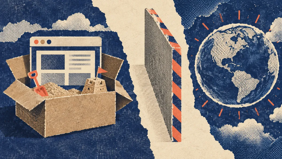 Riso collage of a staging sandbox box containing a browser window, separated from a live production globe