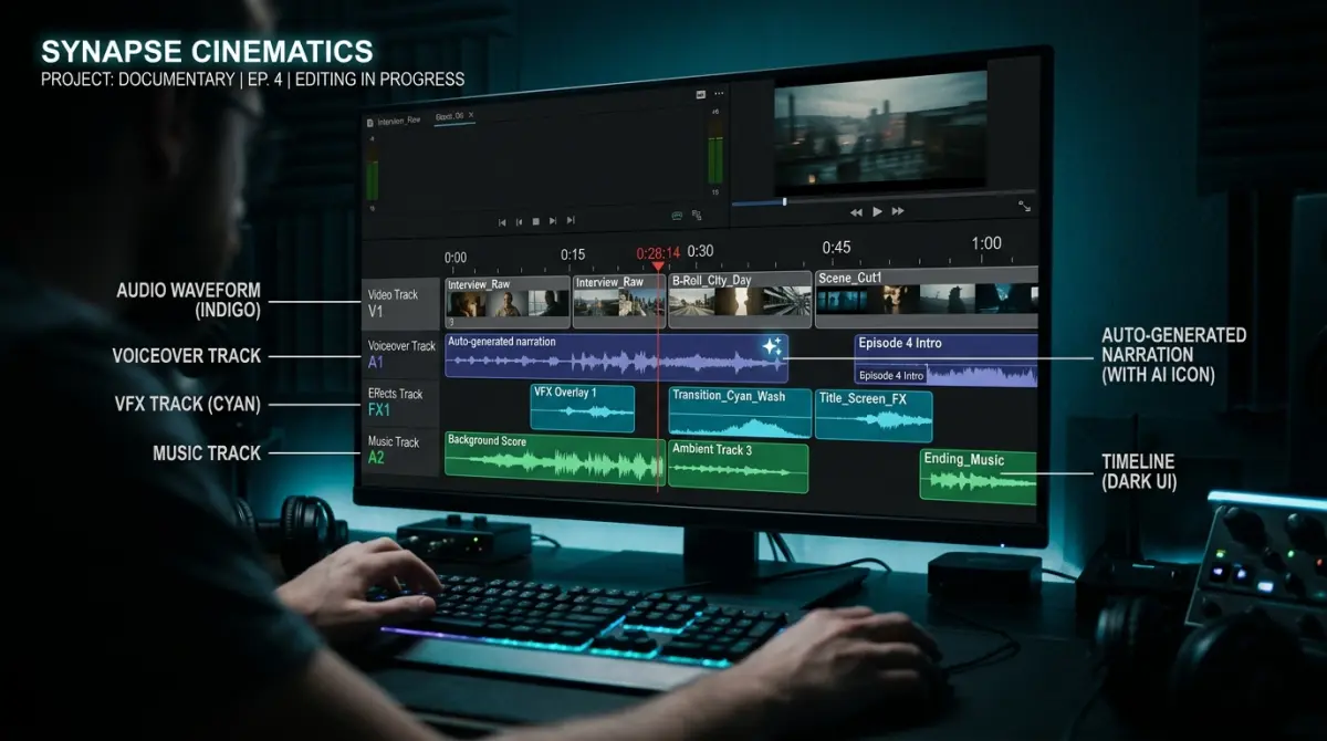 AI-generated narration segments synced to the video timeline