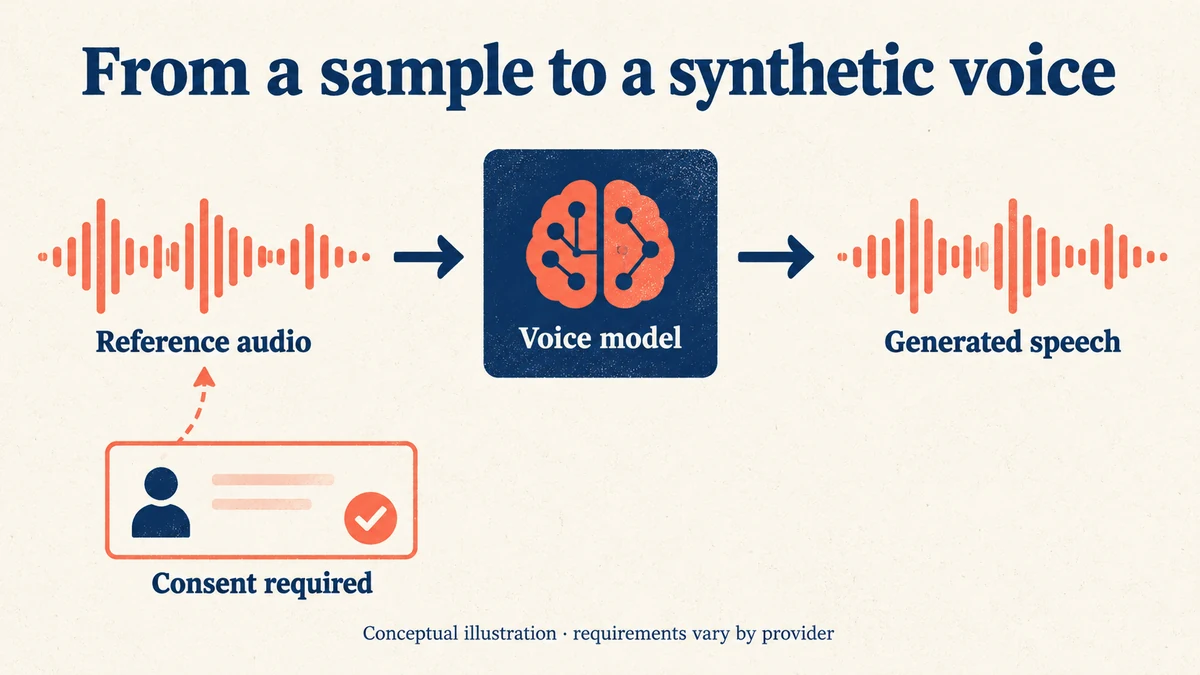 Reference audio passes through a voice model to generated speech, with consent required