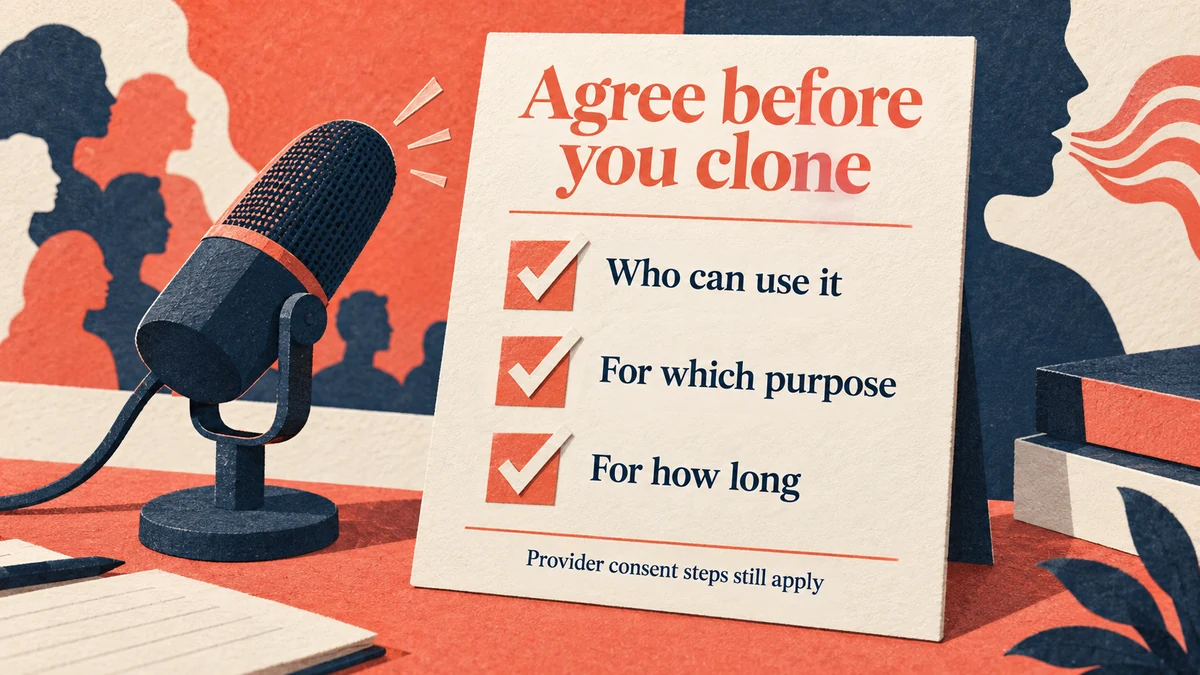 Voice consent card covering who can use a voice, its purpose and duration