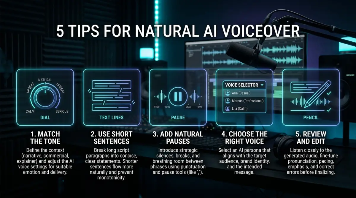 Tips for natural AI voiceover illustrated
