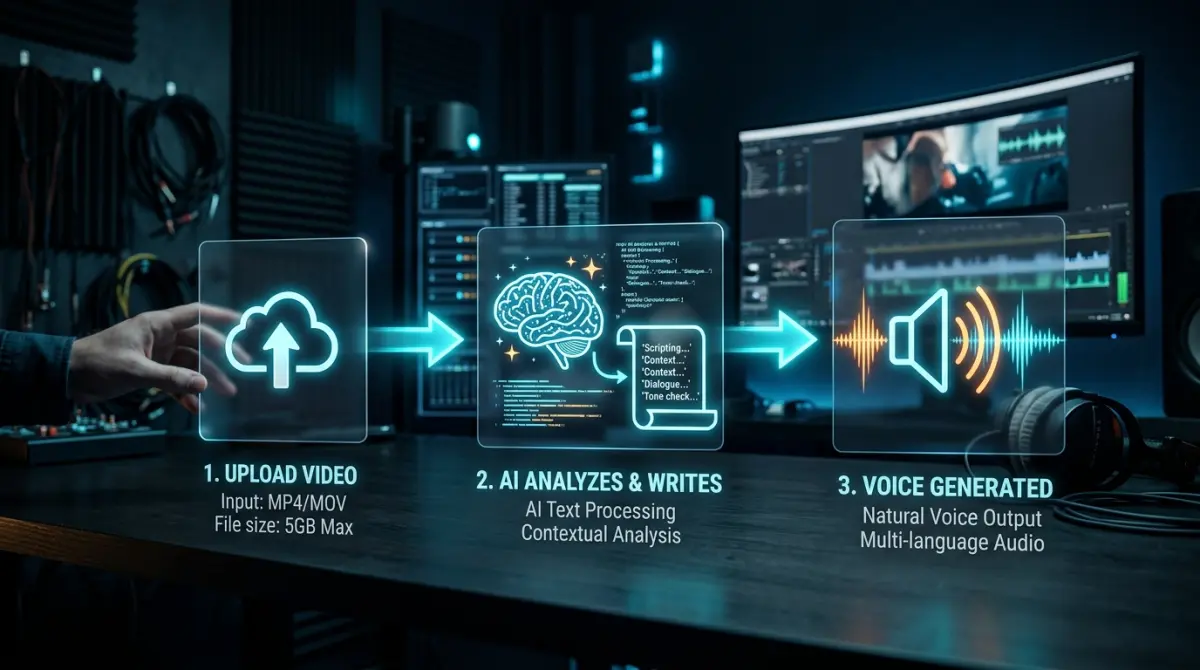 AI voiceover workflow showing a screen recording being narrated automatically