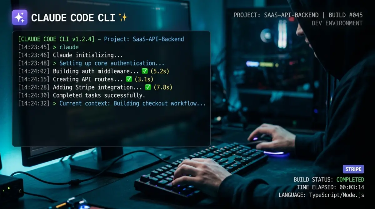 Claude Code terminal showing a SaaS project being built