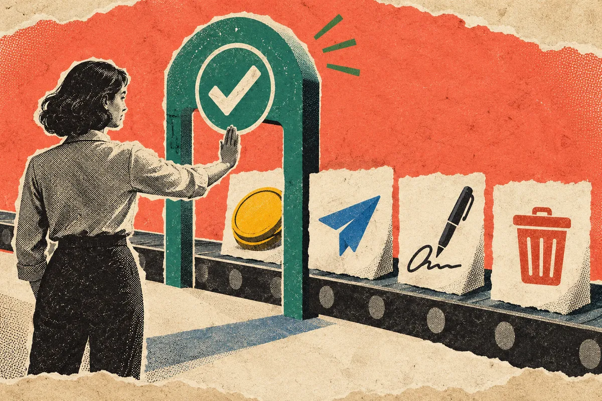 An approval gate in front of payment, send, sign and delete actions, in riso-collage style