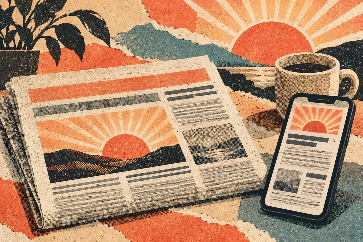 A morning brief on a newspaper and a phone, in riso-collage style