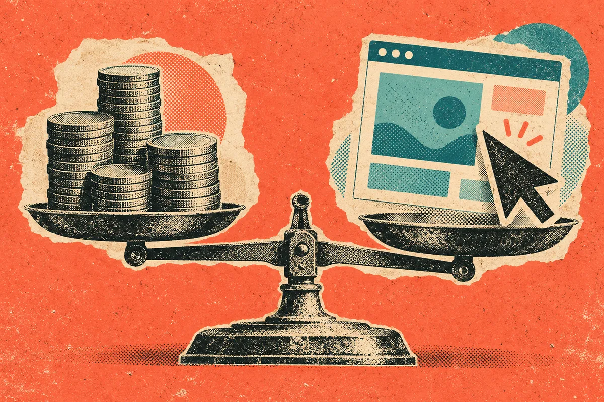 A scale balancing a stack of coins against a cursor and browser window