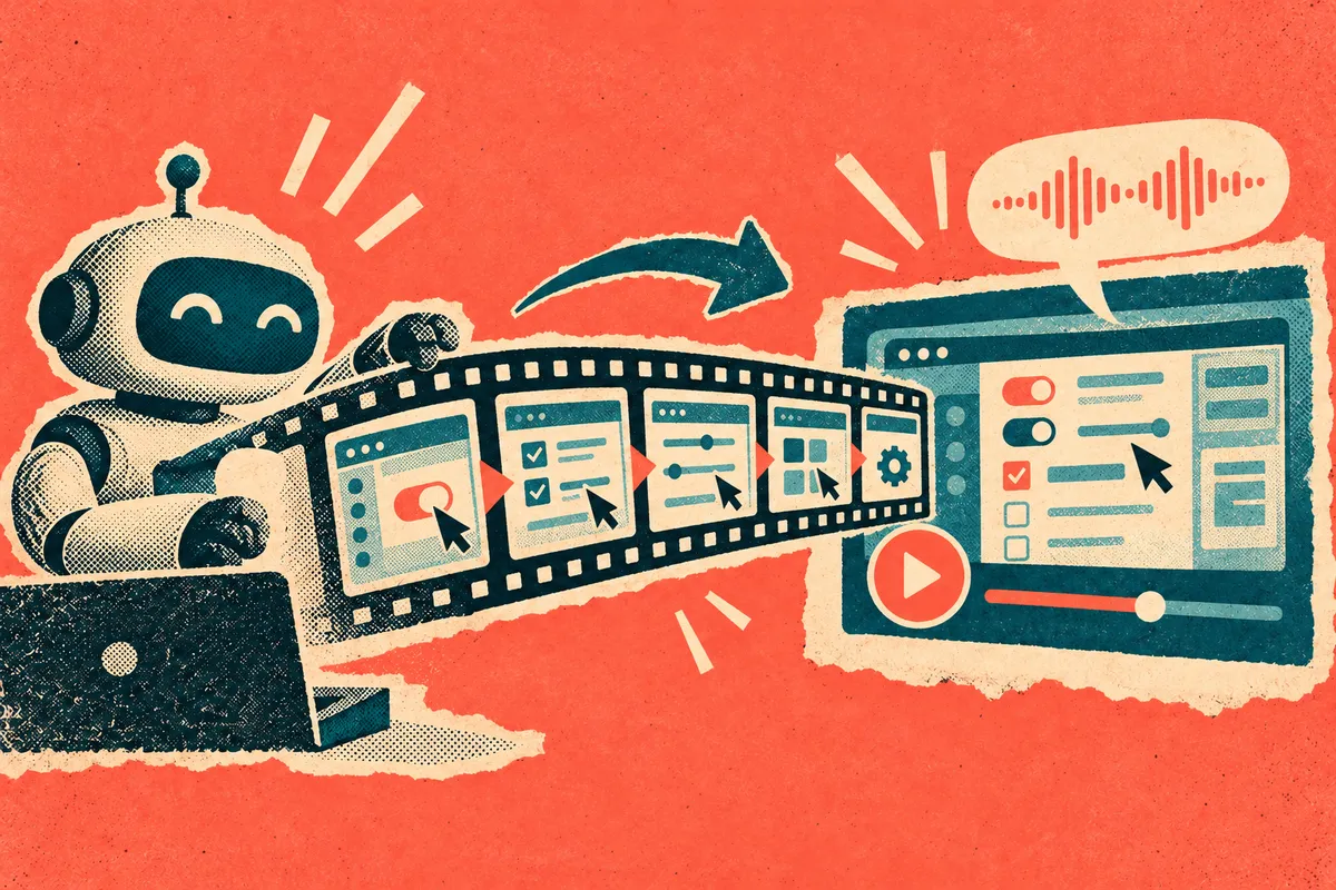 An agent run turning into a filmstrip of screenshots, then a narrated video with a play button and speech bubble