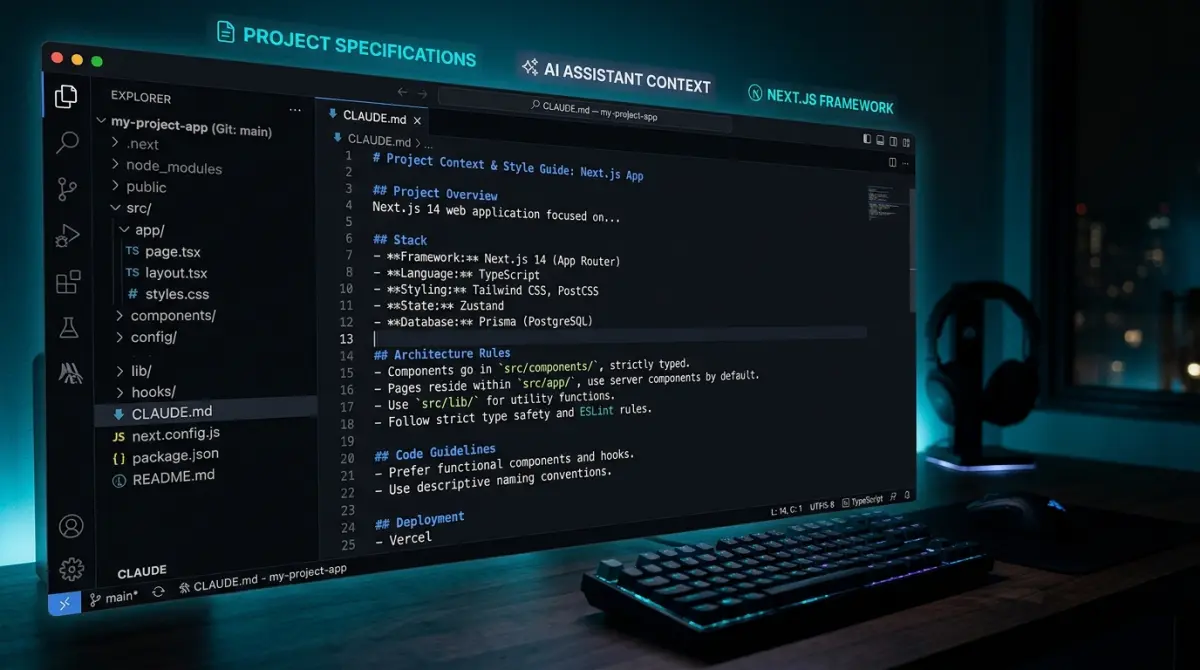 CLAUDE.md file open in an editor with project rules