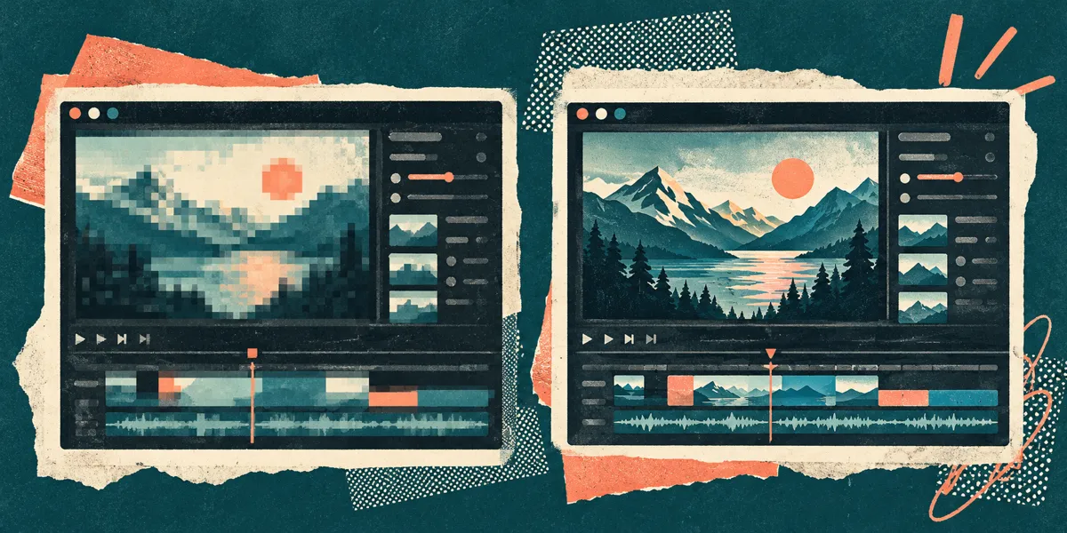 A pixelated video clip in an editor beside a sharper higher-resolution copy