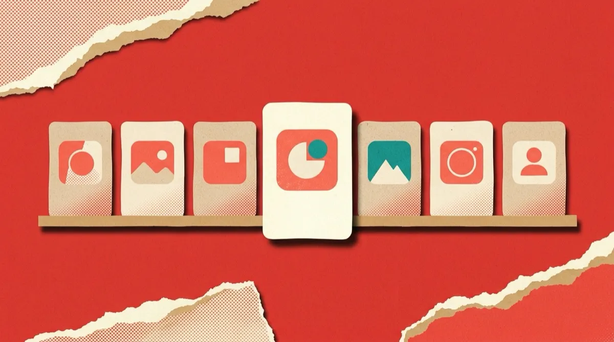 A row of app cards on a shelf, one pulled forward and highlighted
