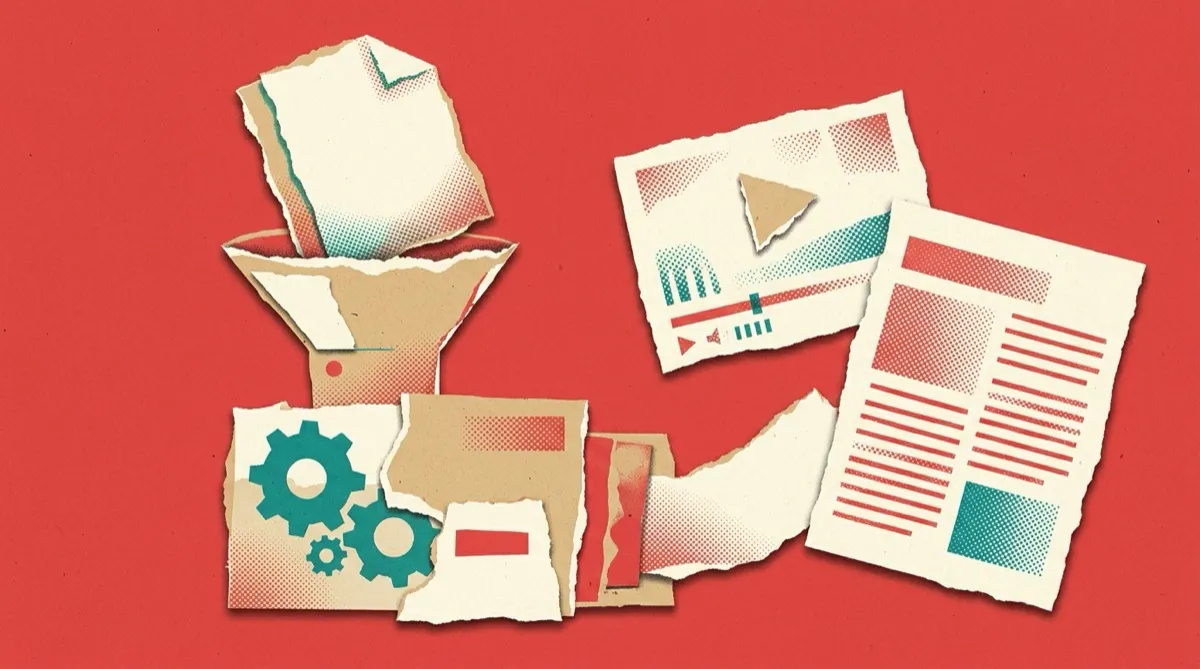 A recording dropping into a funnel that outputs a video and an article