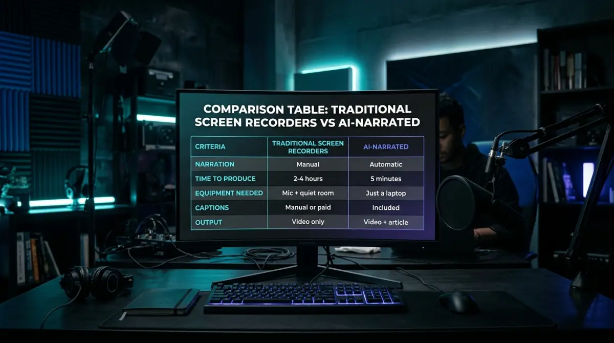 Comparison table showing traditional screen recorders versus AI-narrated workflow