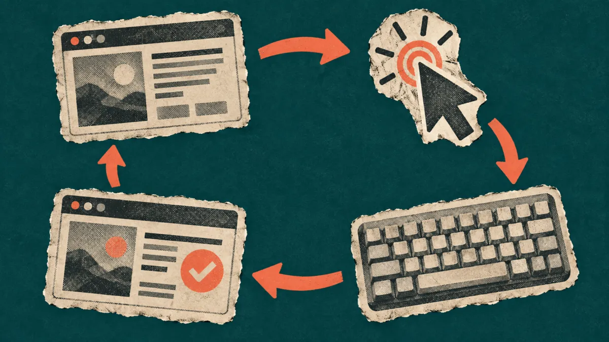 The computer-use loop: a screenshot, a click, keyboard input and a new screenshot, repeating