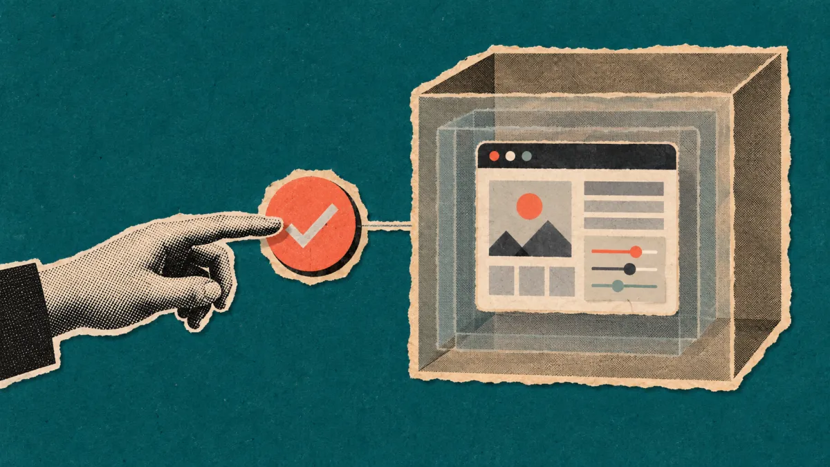 A browser window inside an isolated box, with a person pressing a confirm button before the agent acts