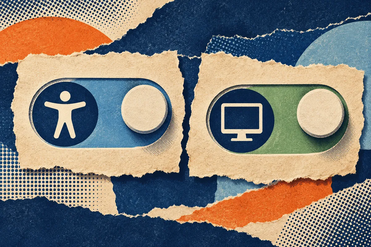 Two permission switches, accessibility and screen recording, in riso-collage style