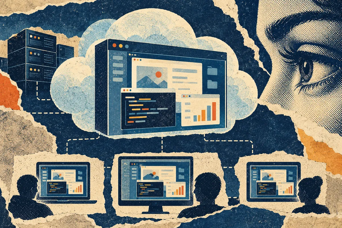 A cloud desktop watched by viewers, in riso-collage style