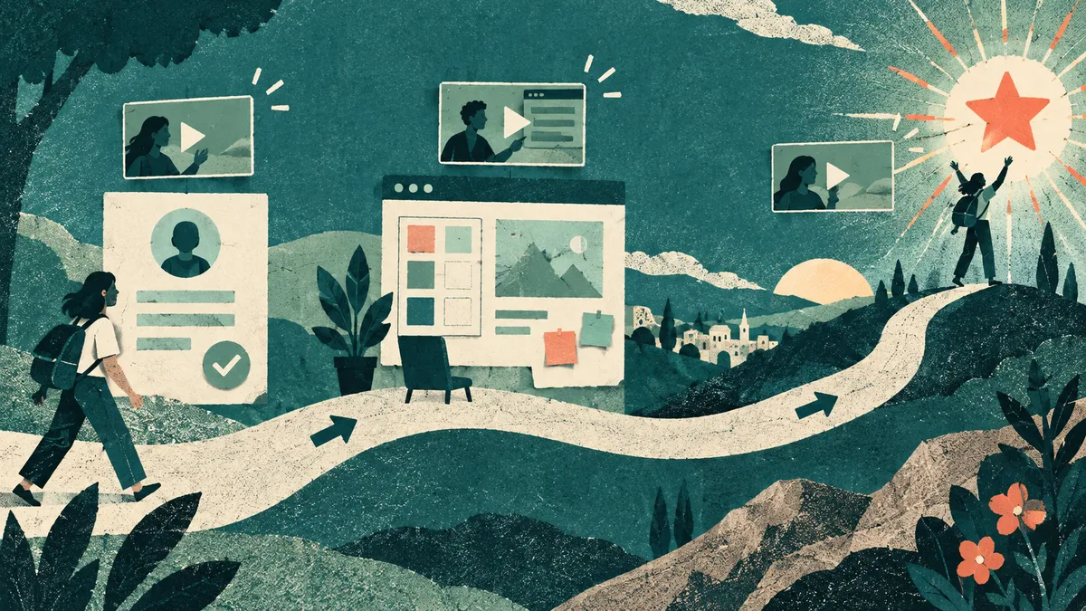 A customer journey path from signup to first project to the aha moment, with a short video screen at each step