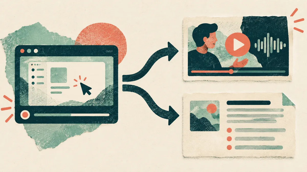 One screen recording branching into a narrated video and a written help article