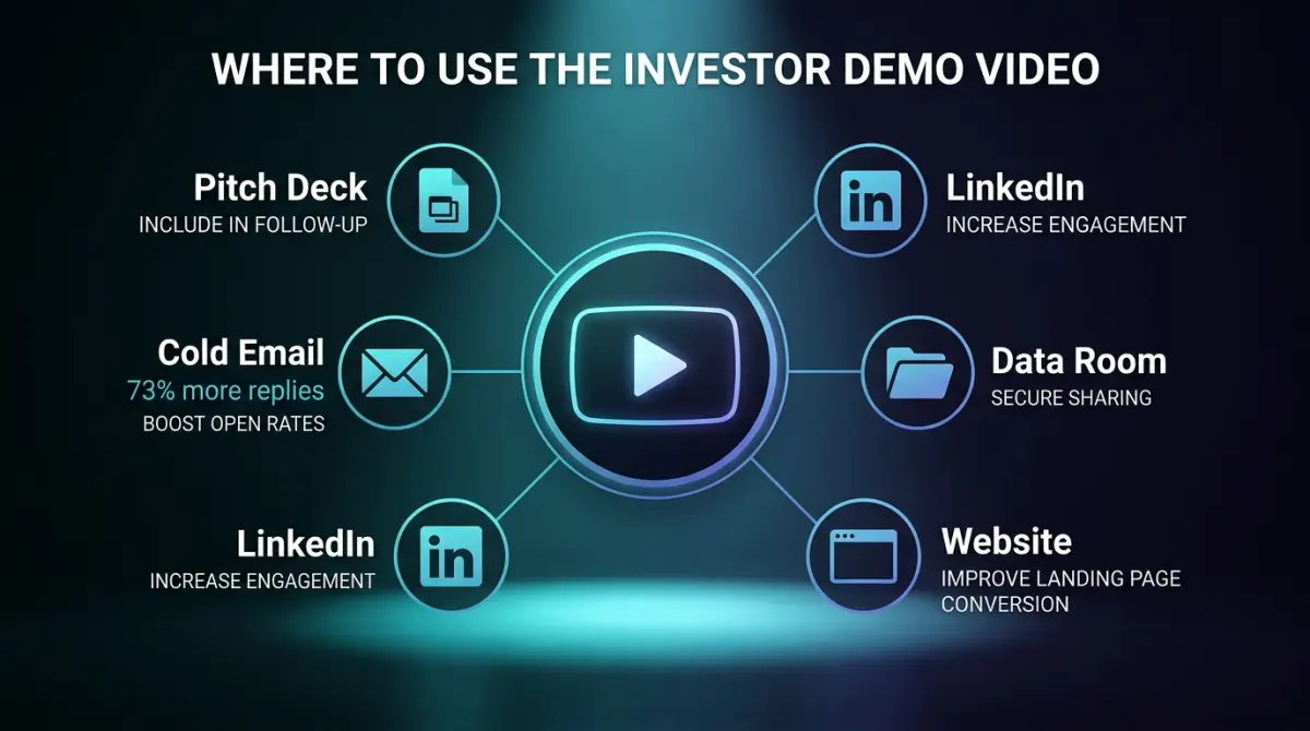 Multiple platforms showing the same demo video — pitch deck, email, LinkedIn