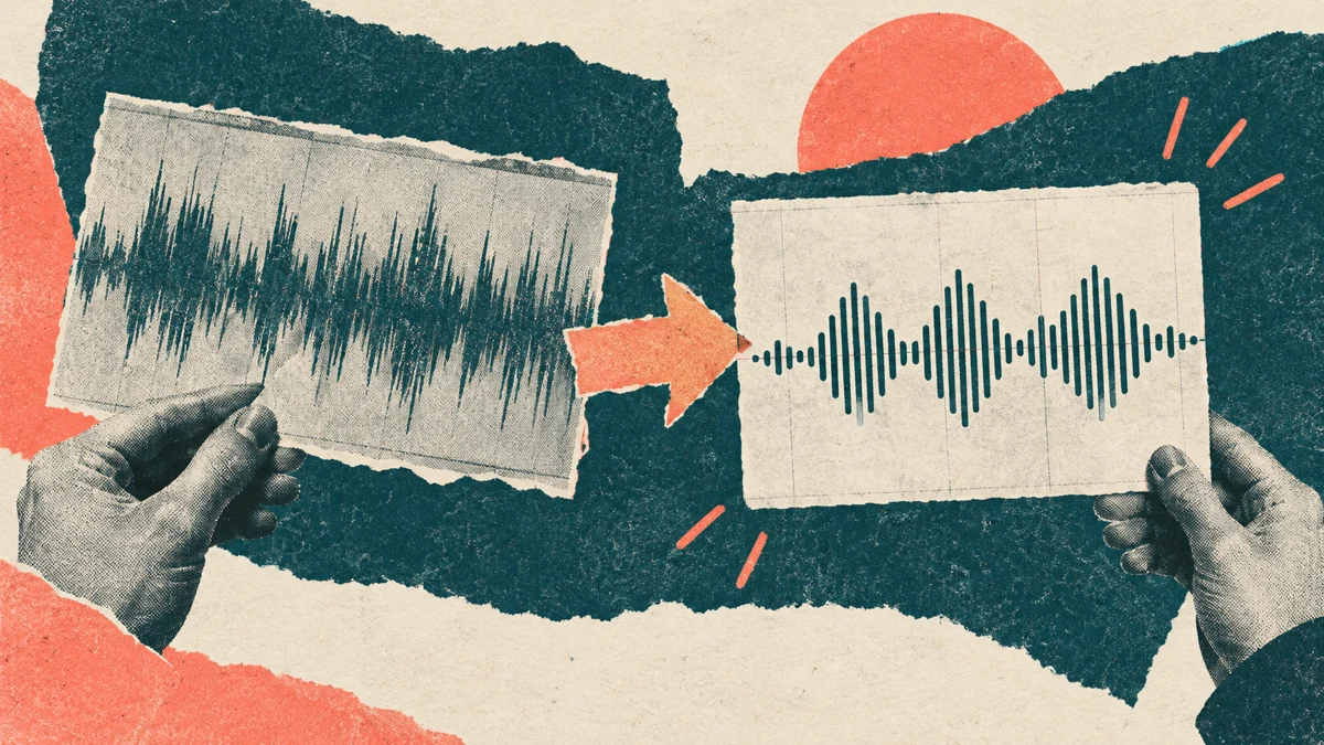 A risograph collage of a waveform being lifted off a screen recording and replaced with a clean one
