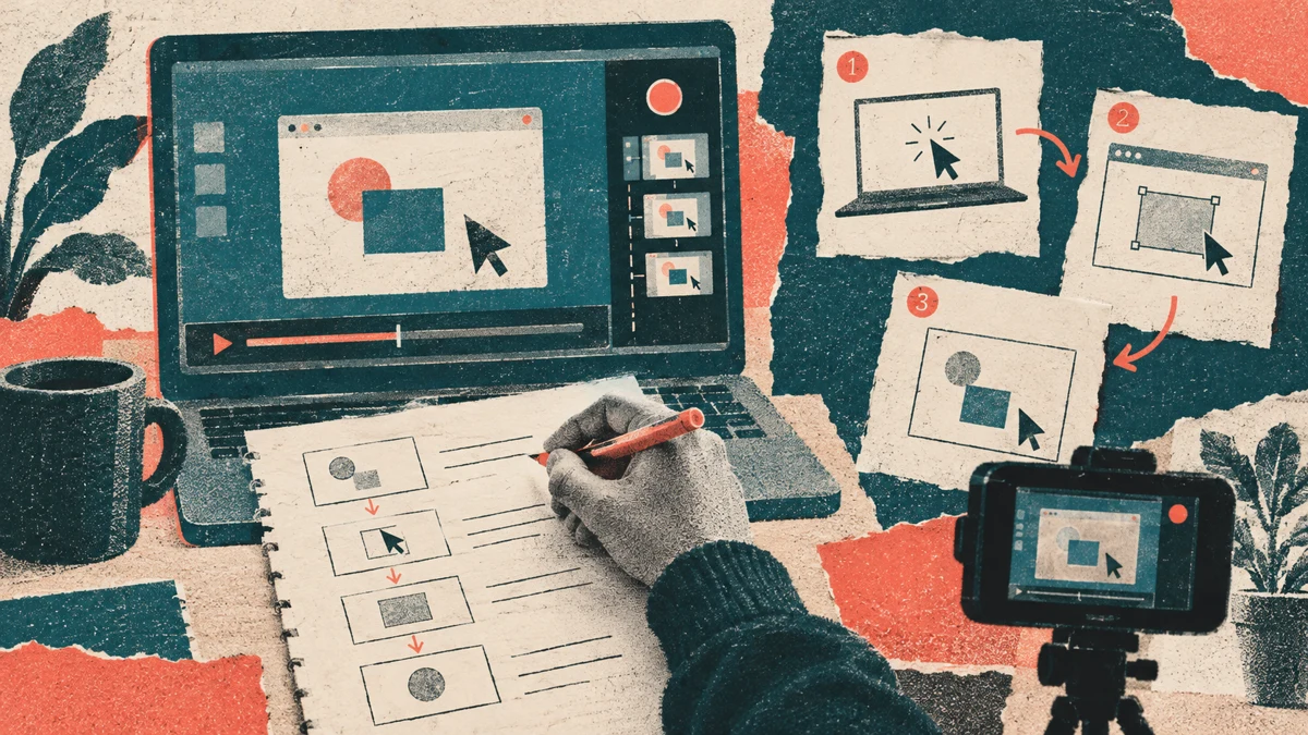 A risograph collage of a silent screen recording with a script being written alongside it, step by step