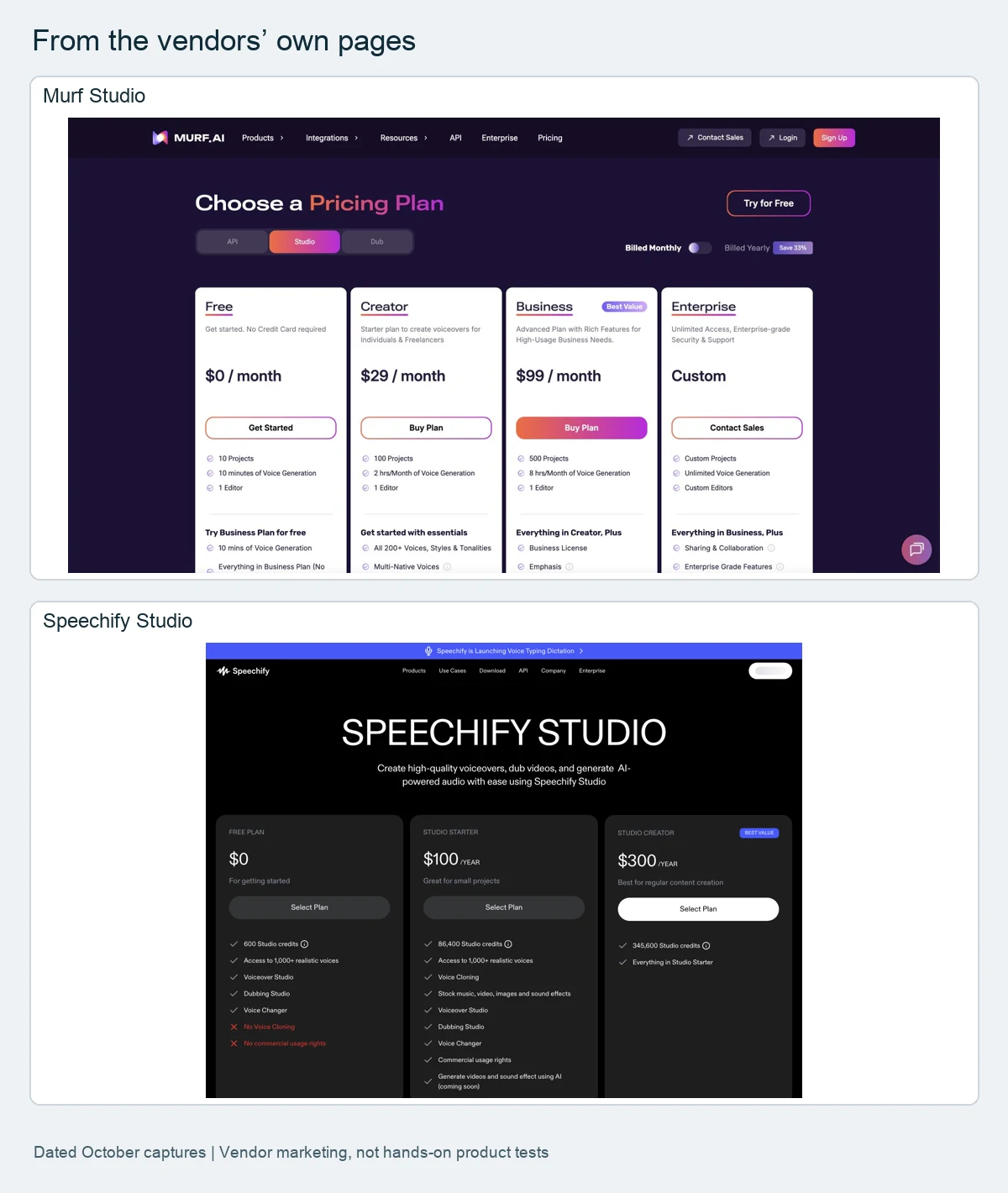 Vendor pages compared in this roundup, as shown on their own sites