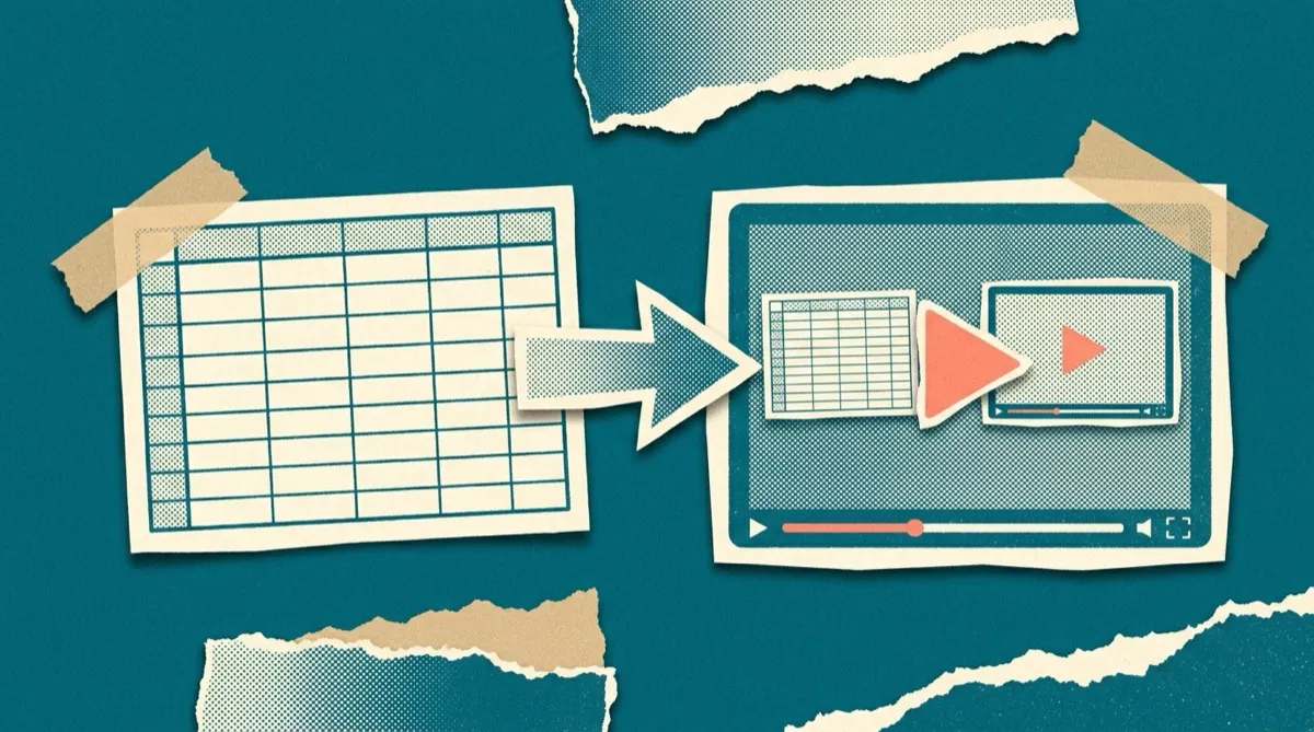 A spreadsheet grid on the left turning into a play-button video on the right