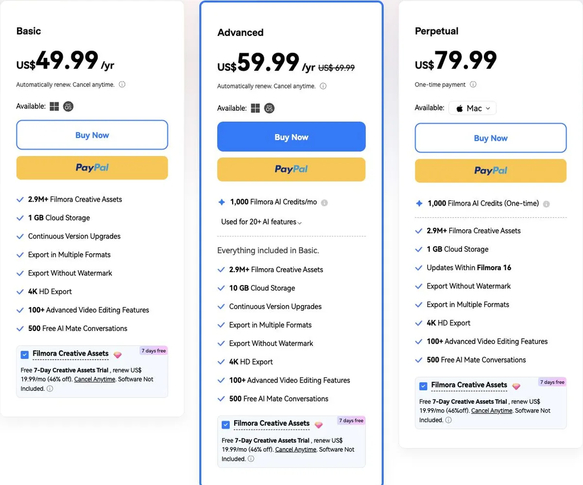 Filmora's Basic, Advanced and Perpetual pricing cards with the Creative Assets add-on