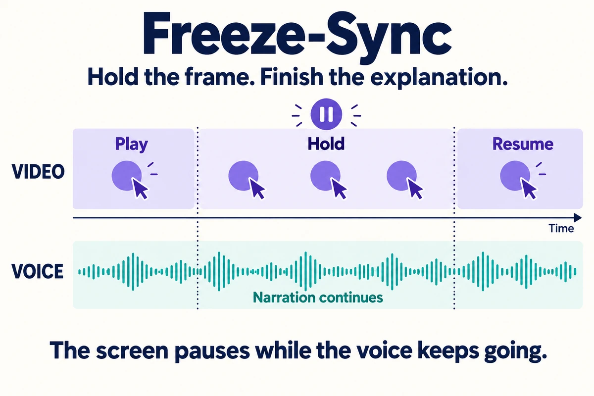 Freeze-Sync holds the video frame while narration continues, then resumes screen motion.