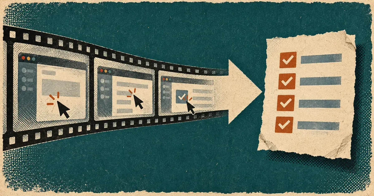 Riso collage of a screen recording filmstrip turning into a written checklist