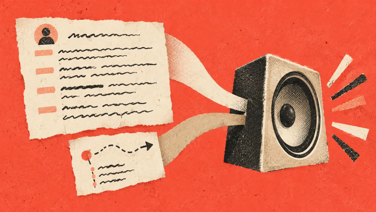 A transcript card and a separate style note both feeding into a speaker