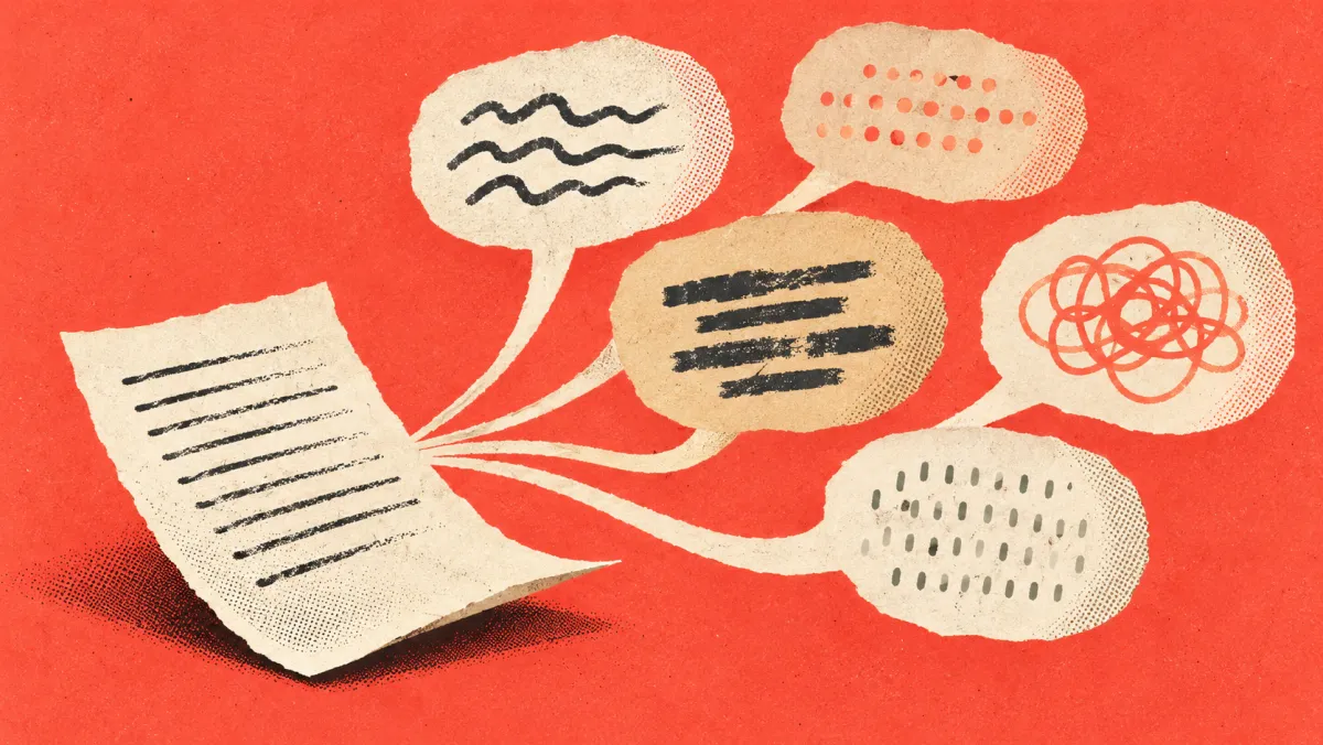 One script fanning out into speech bubbles in several languages
