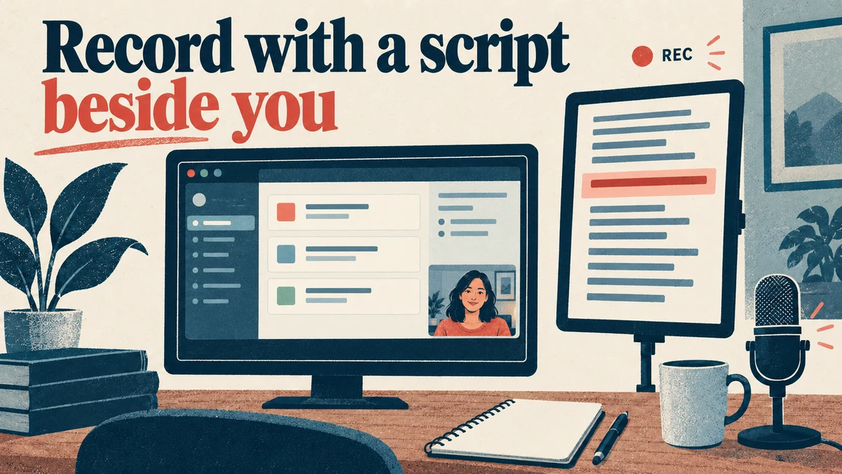 A browser-based recording studio capturing a screen with a teleprompter script beside it