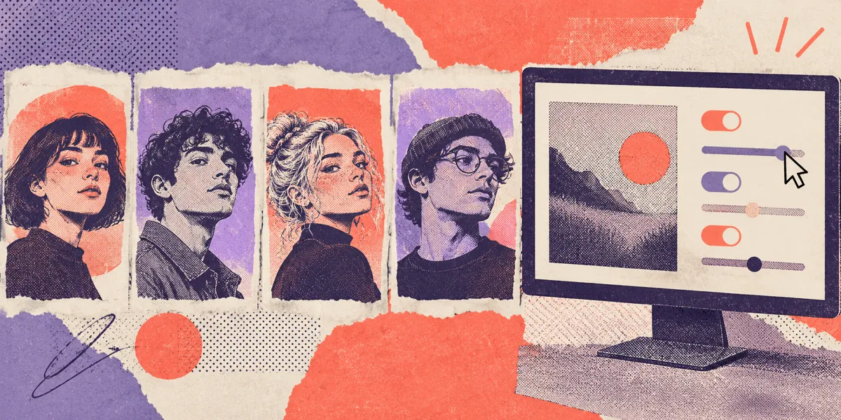A risograph collage of four avatar portrait cards beside one screen showing a software walkthrough