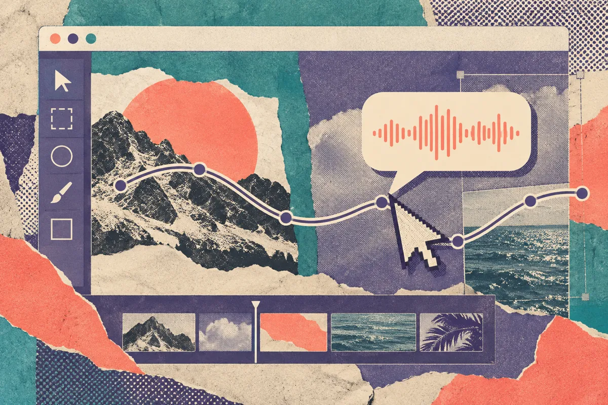 A risograph collage of a cursor path across an app window with a speech bubble following it