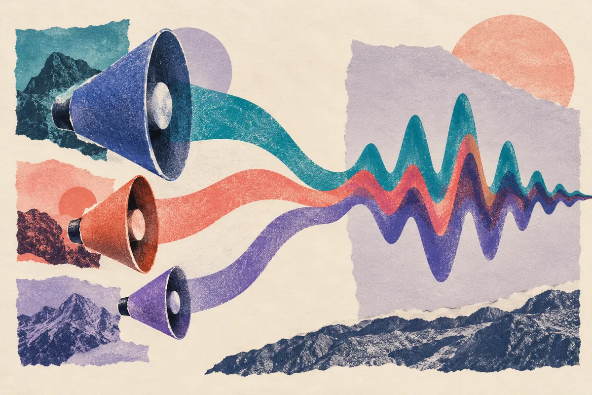 Three paper cut-out speaker cones of different sizes feeding into one waveform
