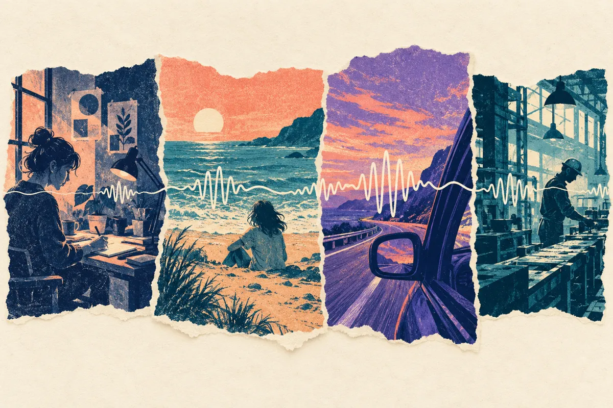 A single voice line passing through four small paper scenes: studio, beach, car and factory