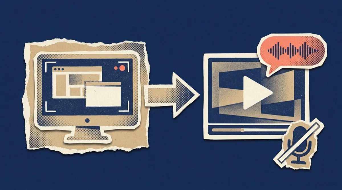 A screen recording turning into a narrated video with a play button and a no-mic icon