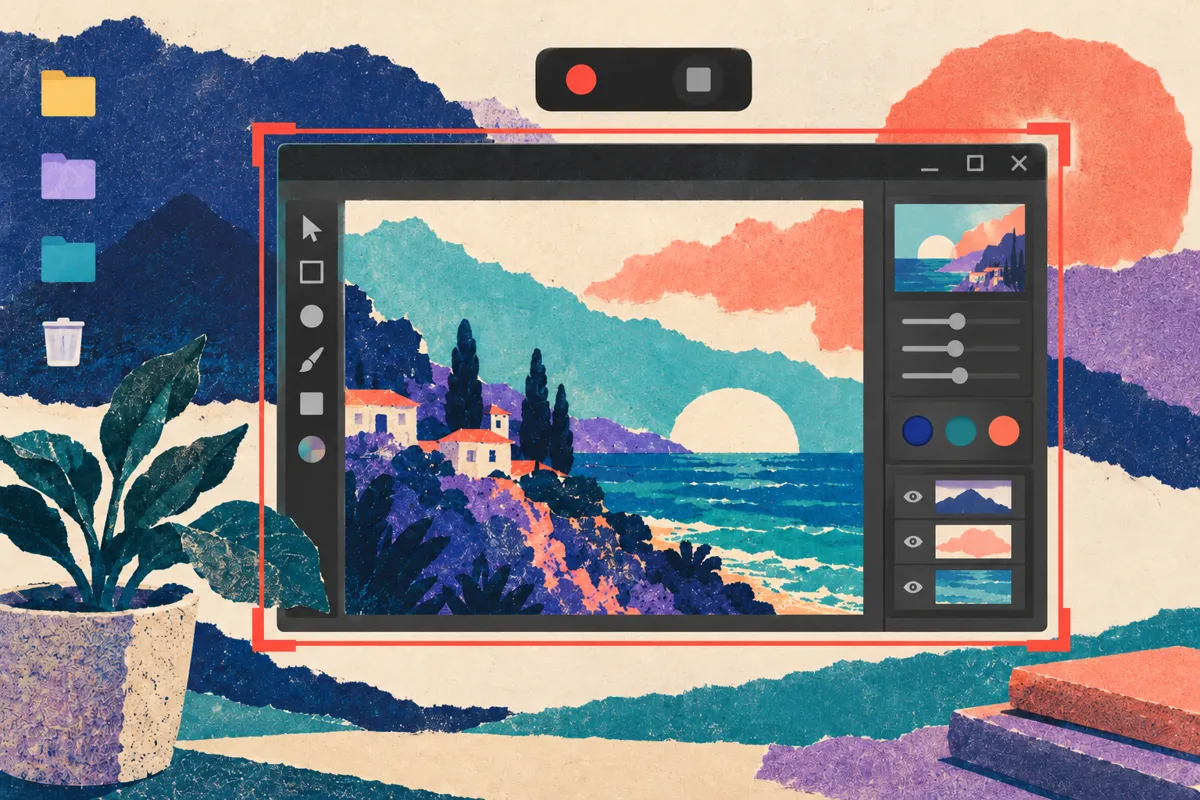 A Windows desktop with a recording frame drawn around one app window and a small capture bar above it