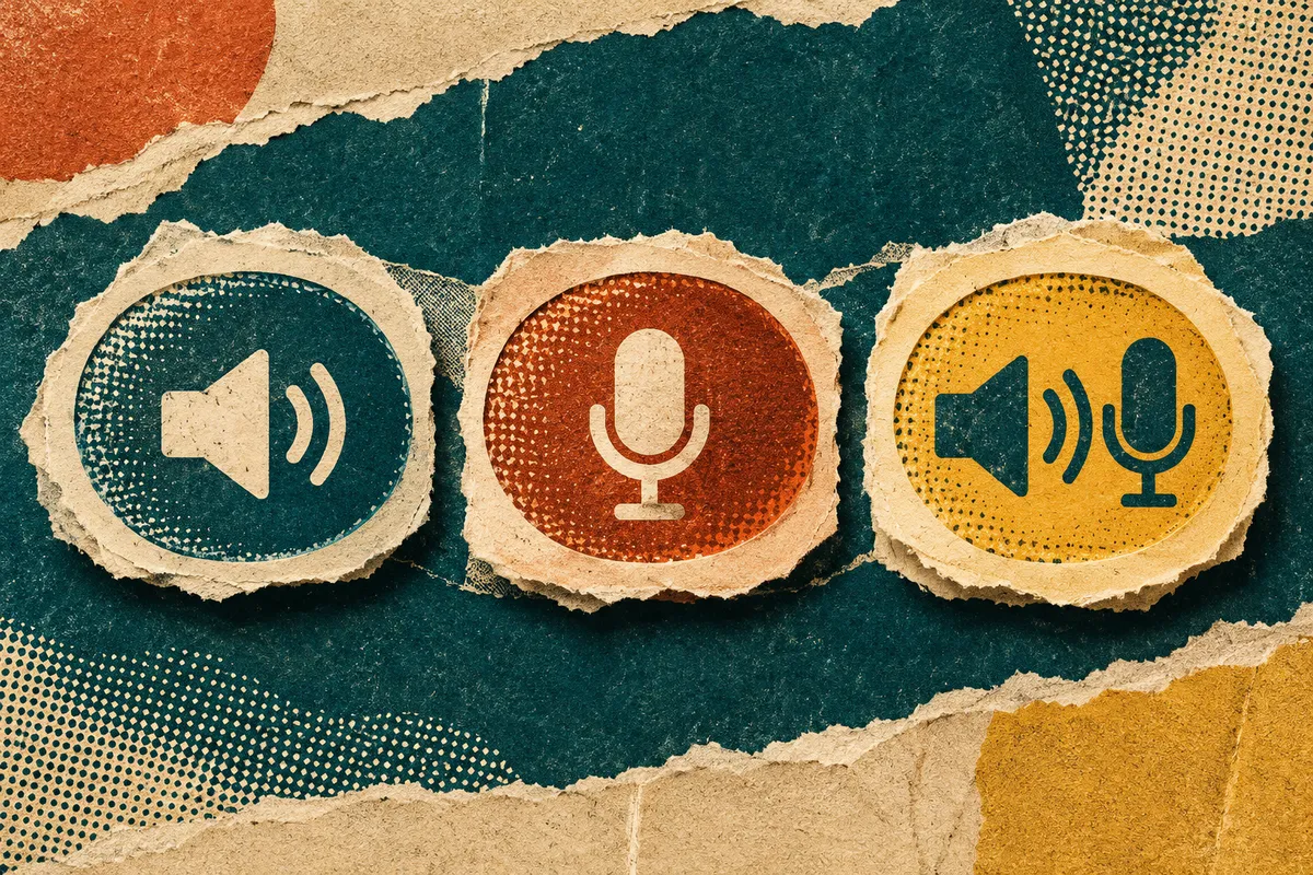 Three paper toggles for speaker, microphone and both, illustrating the audio choice before an Android screen recording