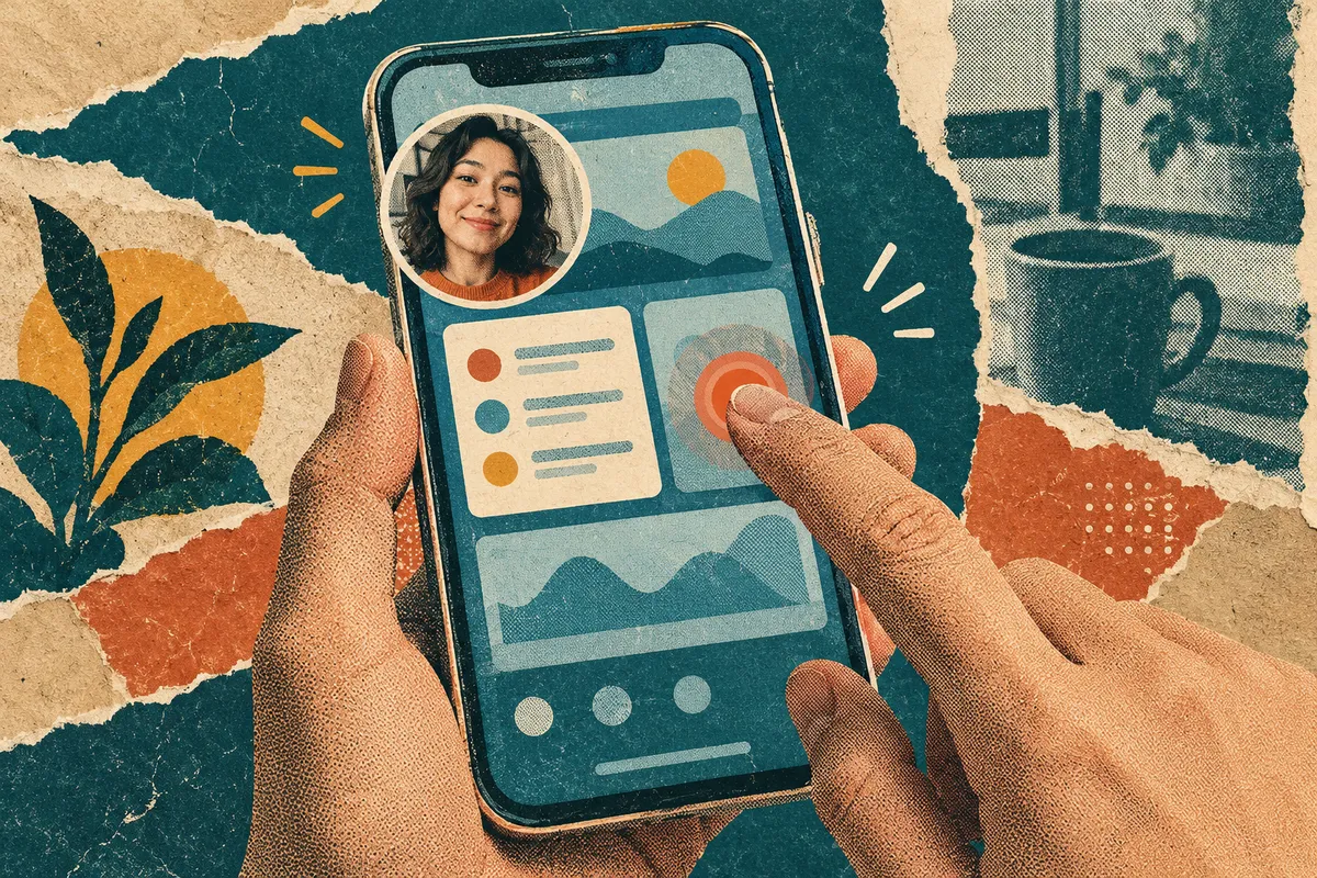A paper phone with a small round selfie bubble in the corner and a highlighted touch point under a fingertip