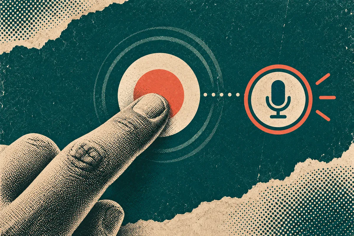 A paper-cut phone with Control Center tiles and a finger holding the record control to reveal a microphone toggle