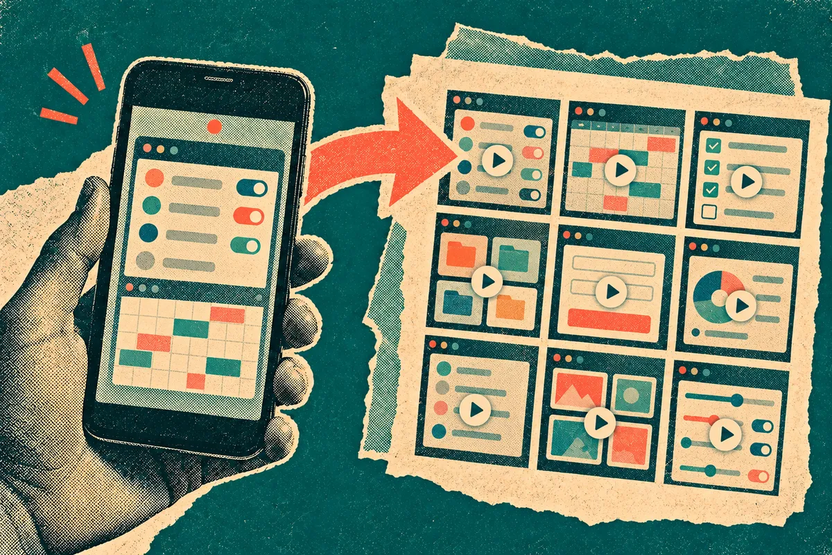 A phone recording flowing into a grid of video thumbnails in a photo library