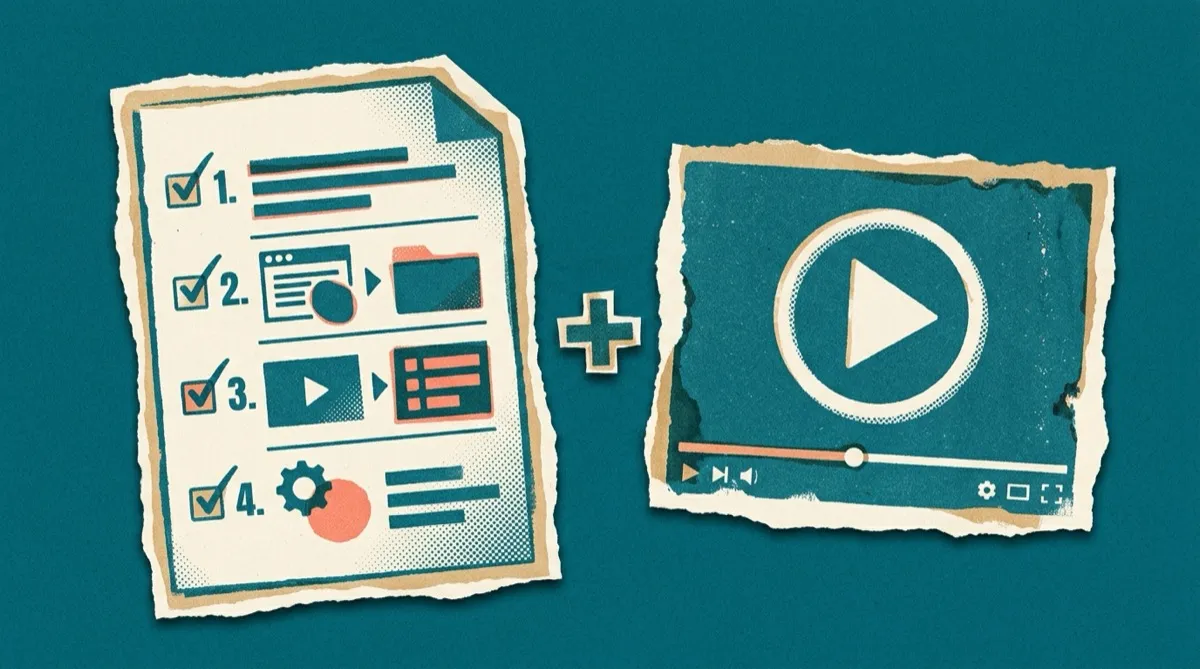 A numbered checklist document beside a play-button video card, an SOP as both text and video