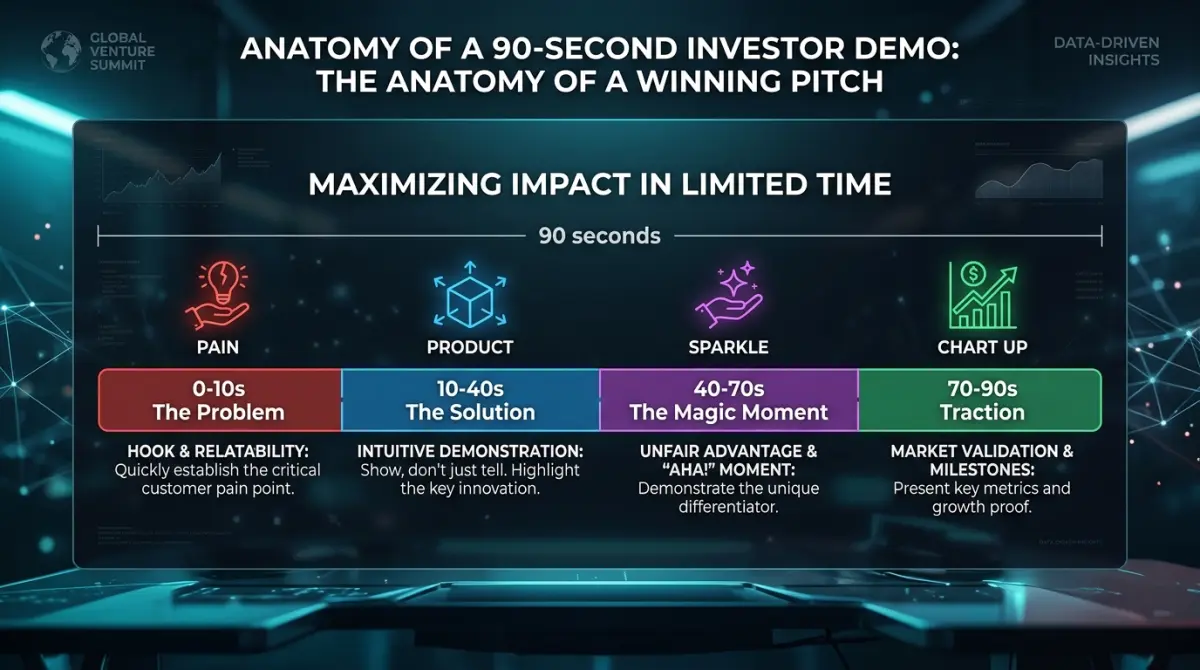 Timeline breakdown of a 90-second investor demo with labeled segments