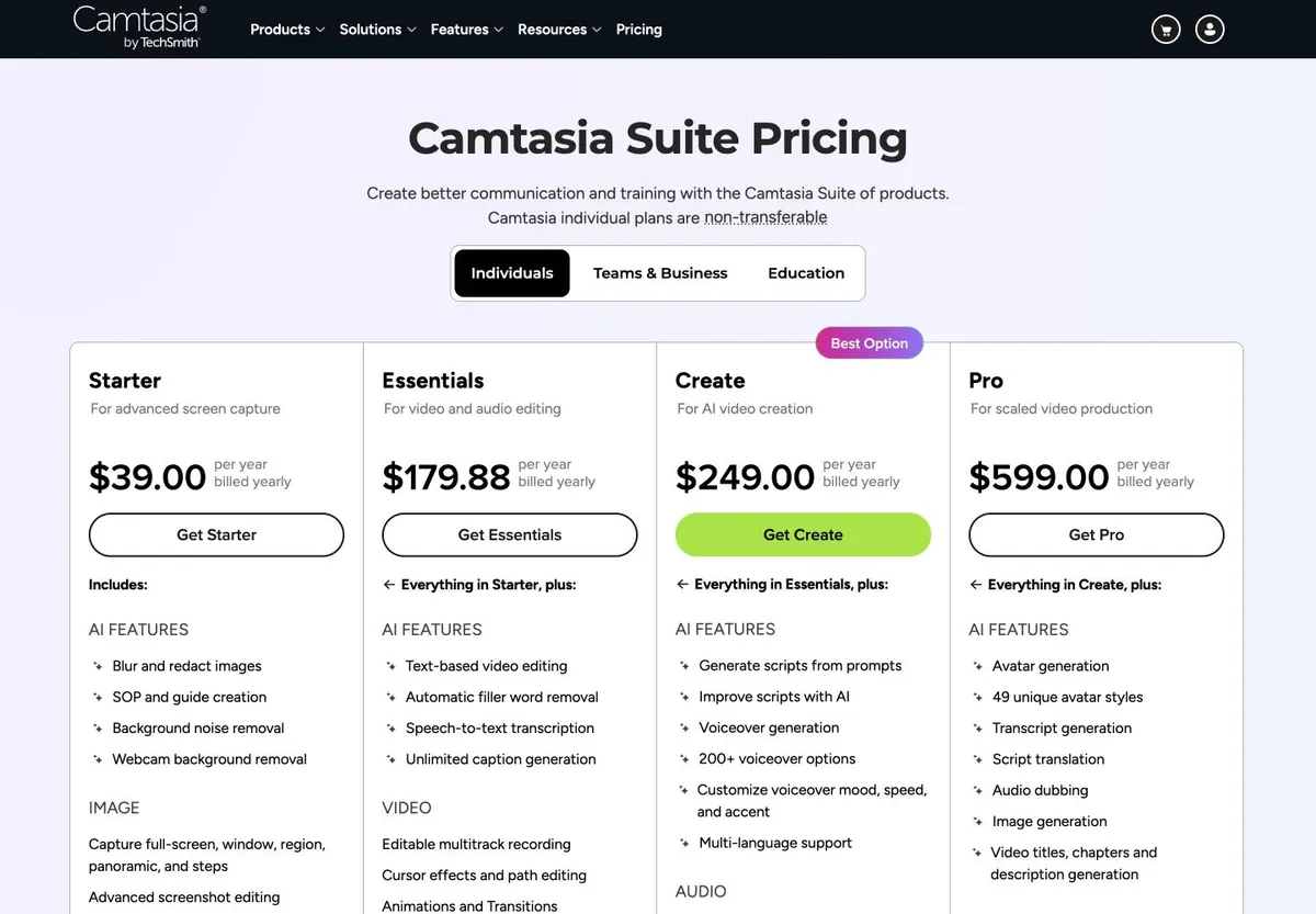 Camtasia plan tiers and what each includes